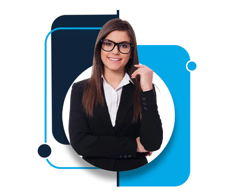 Professional woman in black suit smiling in front of blue and white circular background.